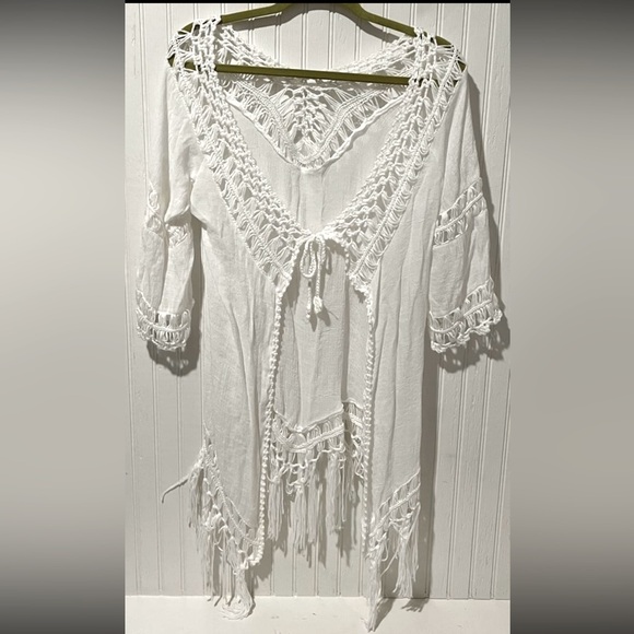 SHEIN Other - Boho Women White Fringe‎ Swim Cover crochet design- One Size- Tie Front